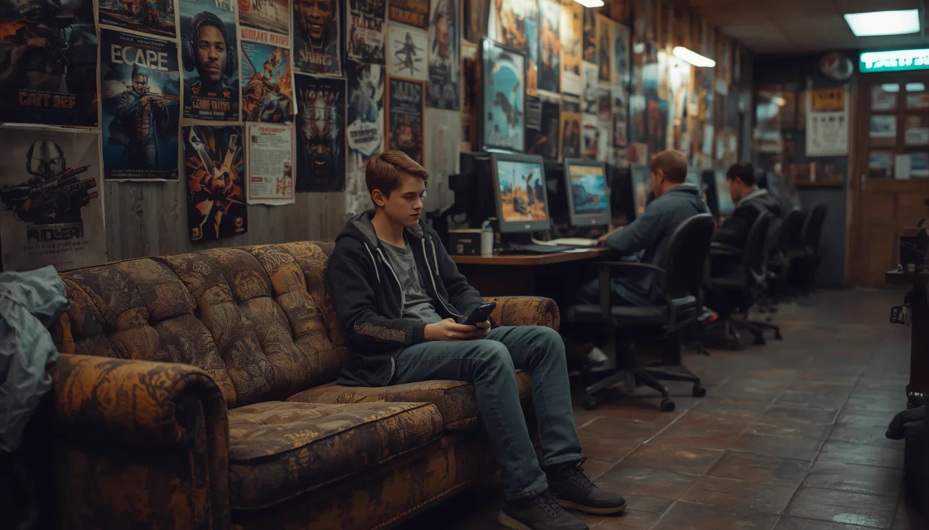 A worn couch beside a row of computer stations in a dim gaming club, posters covering the wall