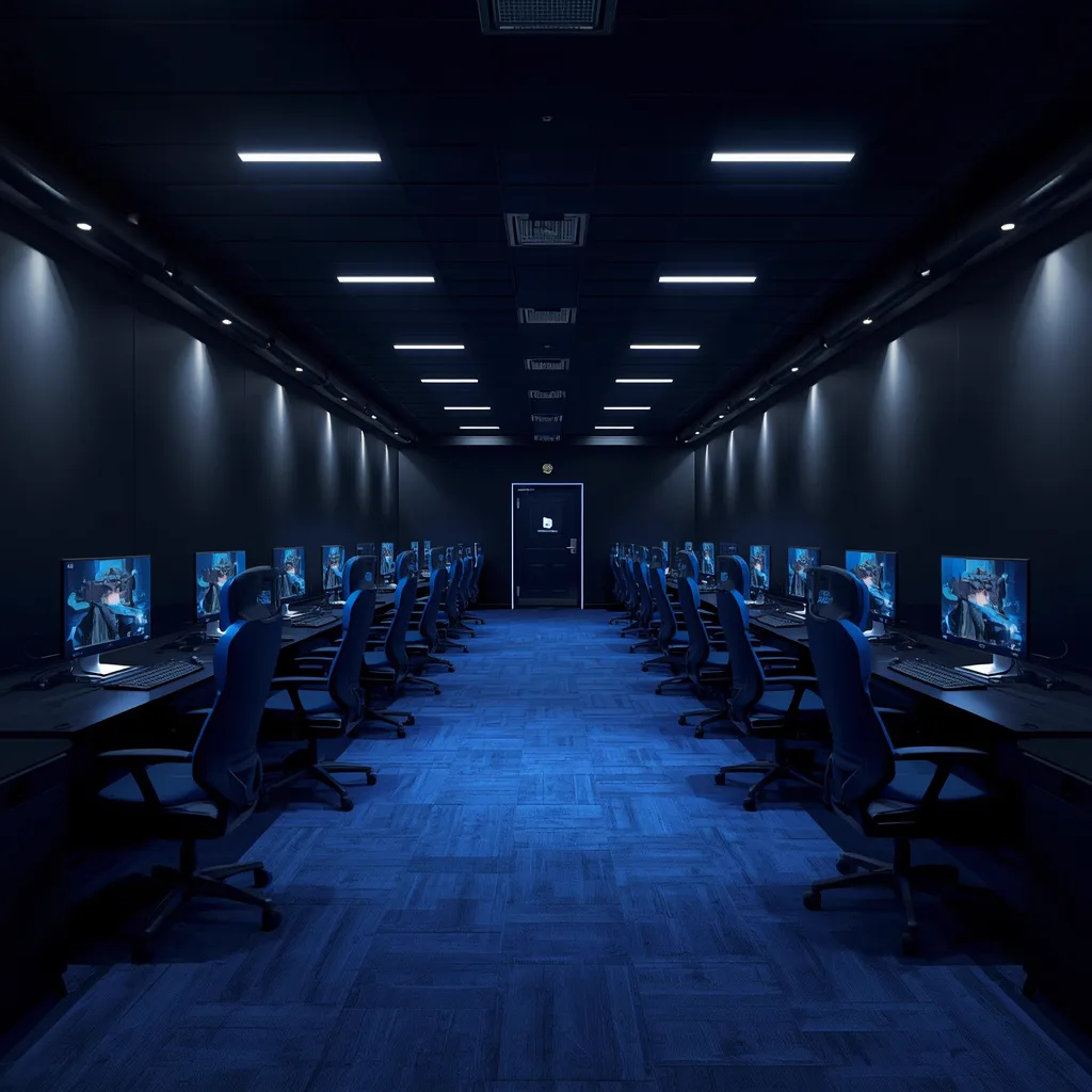 Warmly lit computer club room with rows of players and soft ceiling lamps in the evening